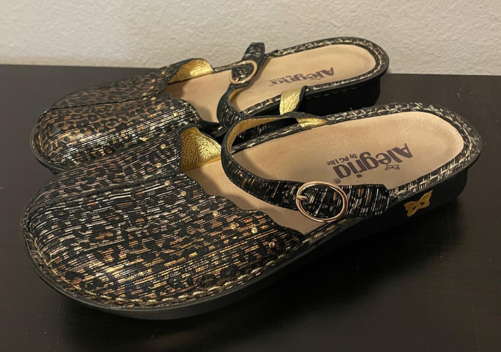 Alegria Womens Clog Shoes 7.5 EU 38 Leopard Print Leather Adjustable Strap Artsy